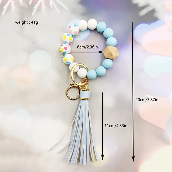 Cute Blue Heart Silicone Beaded Bracelet Wristlet Keychain