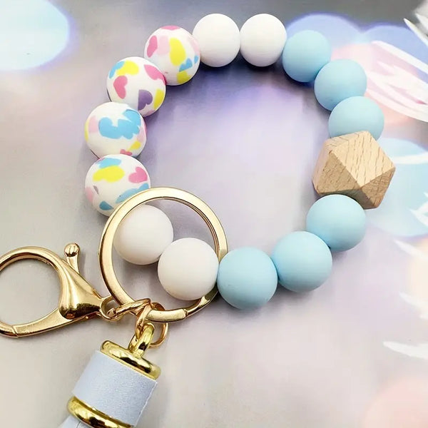 Cute Blue Heart Silicone Beaded Bracelet Wristlet Keychain