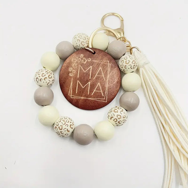 Mama Leopard Wooden Bead Wristlet Keychain