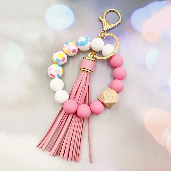 Cute Heart Silicone Beaded Bracelet Wristlet Keychain