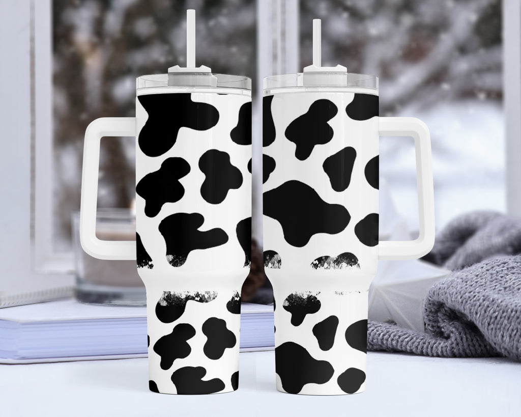 Black/White Cow Print Insulated Tumbler Cup with Handle