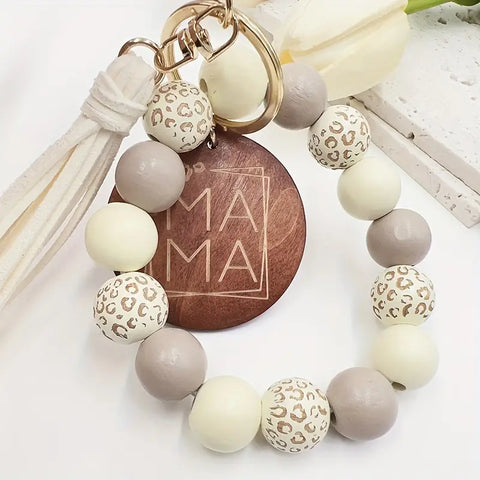 Mama Leopard Wooden Bead Wristlet Keychain