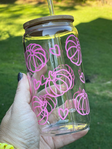 Pink Pumpkin and Hearts 16oz glass can